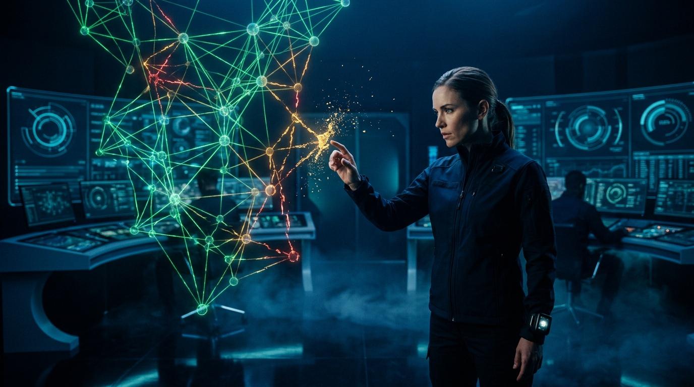 Mujer analiza red digital interactiva en centro de control