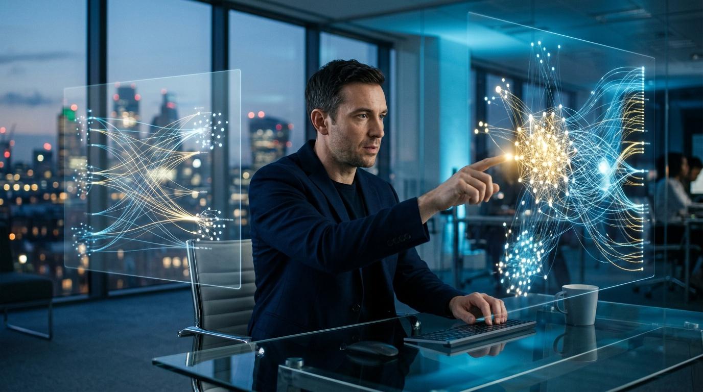 Hombre de negocios manipulando interfaces hologr&aacute;ficas futuristas en oficina