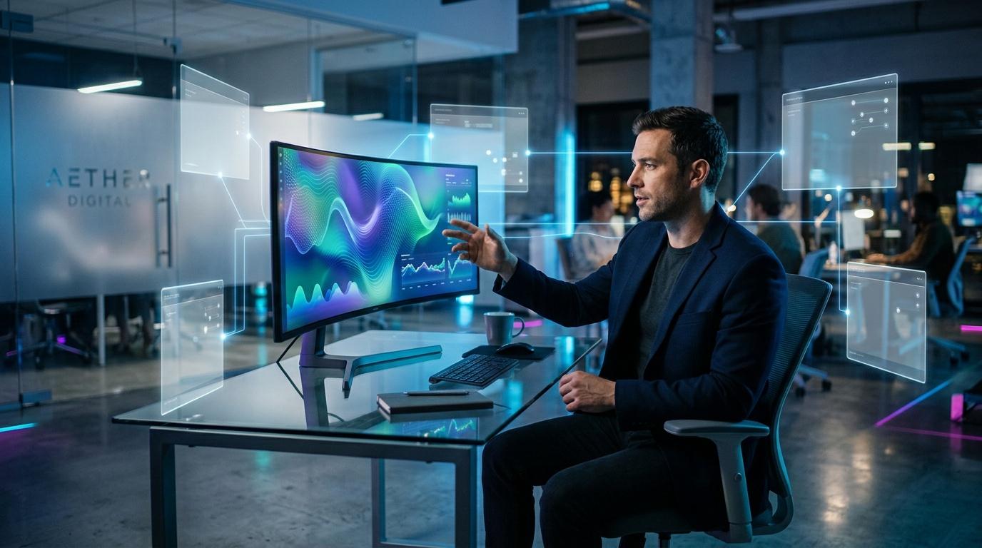 Hombre analizando gr&aacute;ficos en pantalla con interfaces hologr&aacute;ficas flotantes