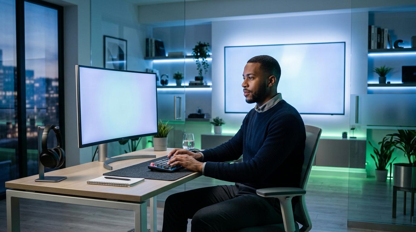 Hombre usando computadora en oficina contempor&aacute;nea con vista urbana