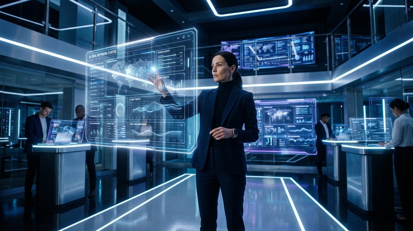 Mujer en sala de control digital con pantallas hologr&aacute;ficas y datos