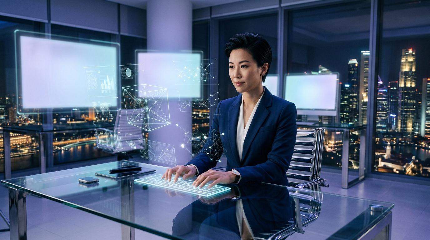 Mujer profesional interact&uacute;a con interfaces digitales hologr&aacute;ficas en oficina moderna