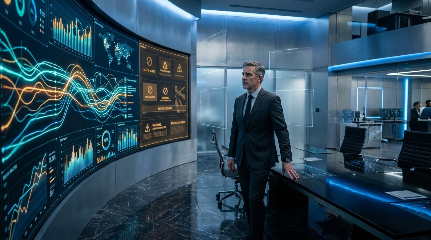 Hombre de negocios observa paneles de datos digitales en oficina futurista