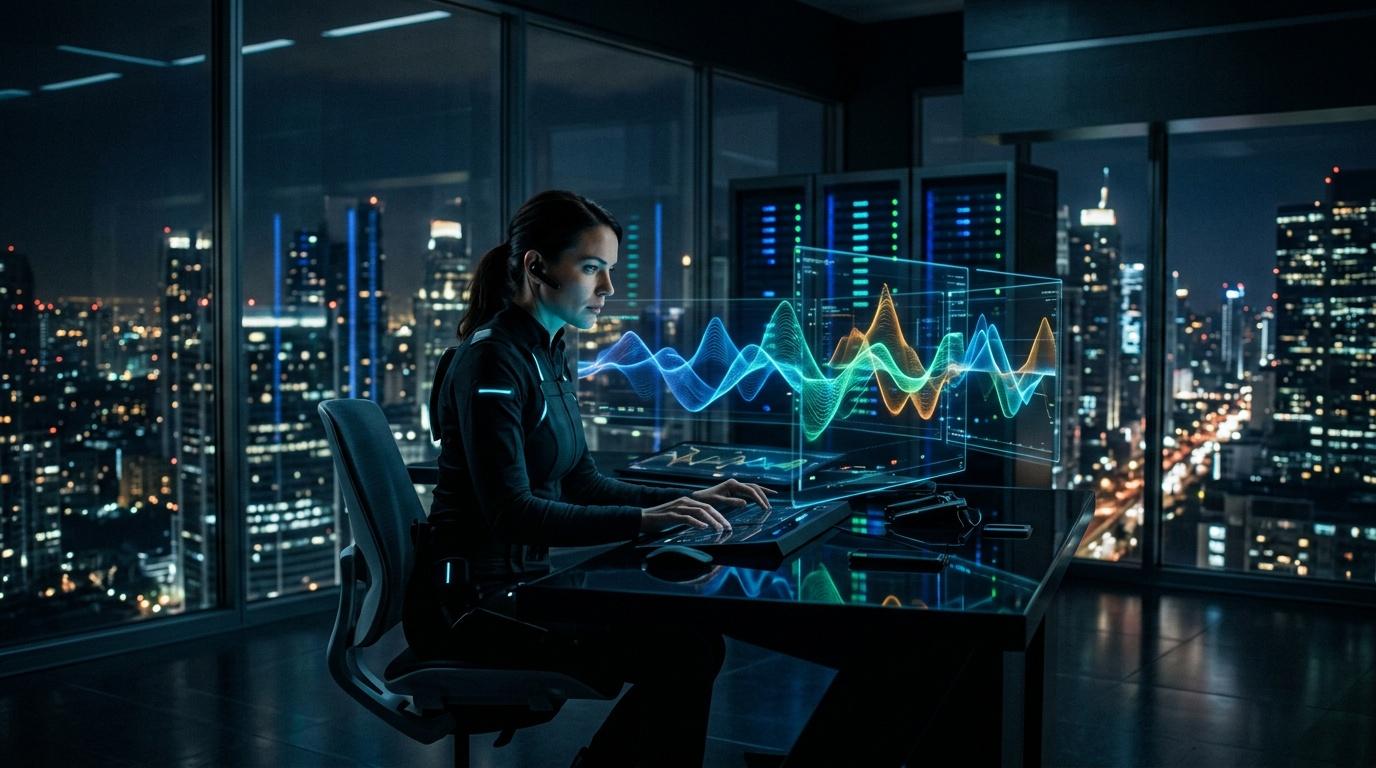 Mujer analiza gr&aacute;ficos hologr&aacute;ficos en oficina nocturna