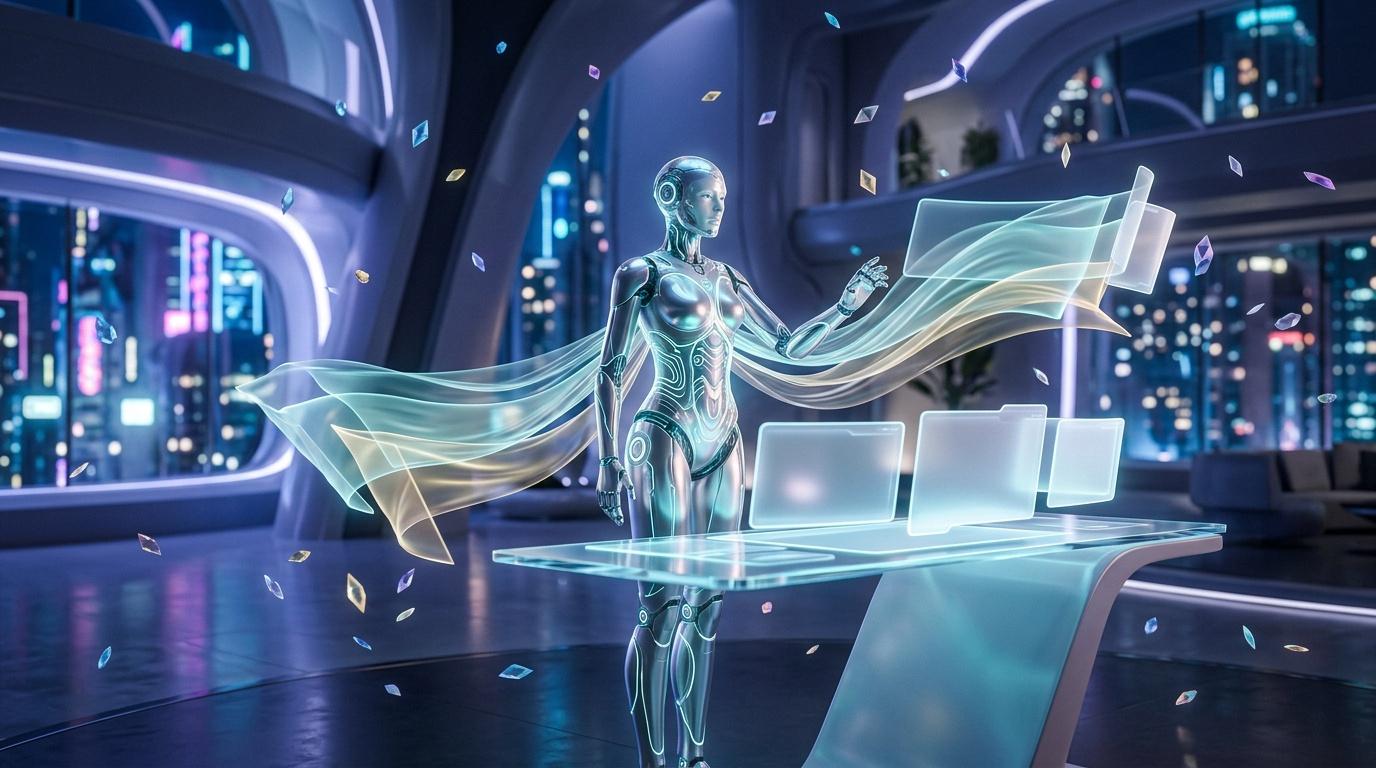 Robot humano&iuml;de luminescent avec flux de donn&eacute;es holographiques