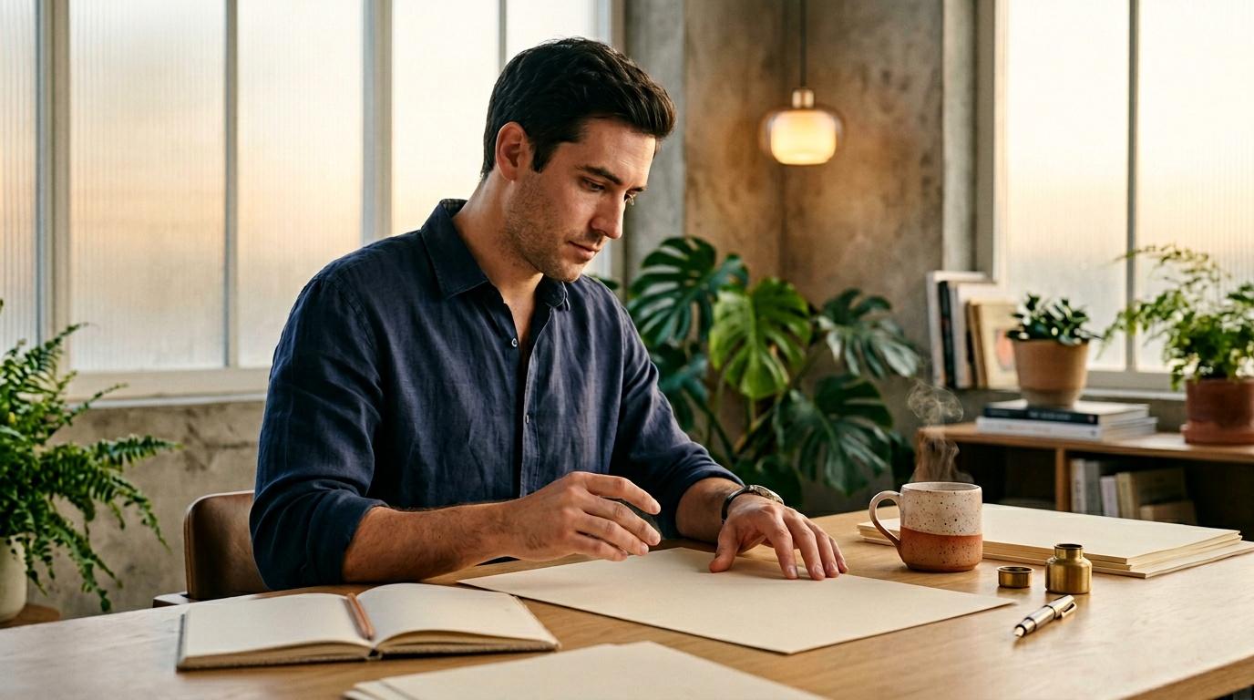 Homme en chemise bleue &eacute;crivant &agrave; son bureau moderne