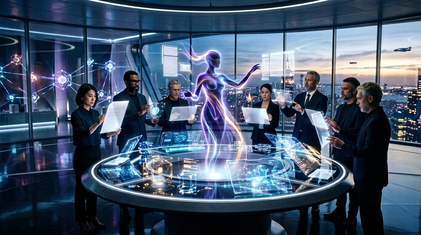 &Eacute;quipe professionnelle discutant autour d'une table holographique interactive