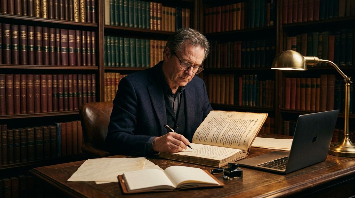 Homme &eacute;crivant dans un livre ancien, entour&eacute; de biblioth&egrave;ques