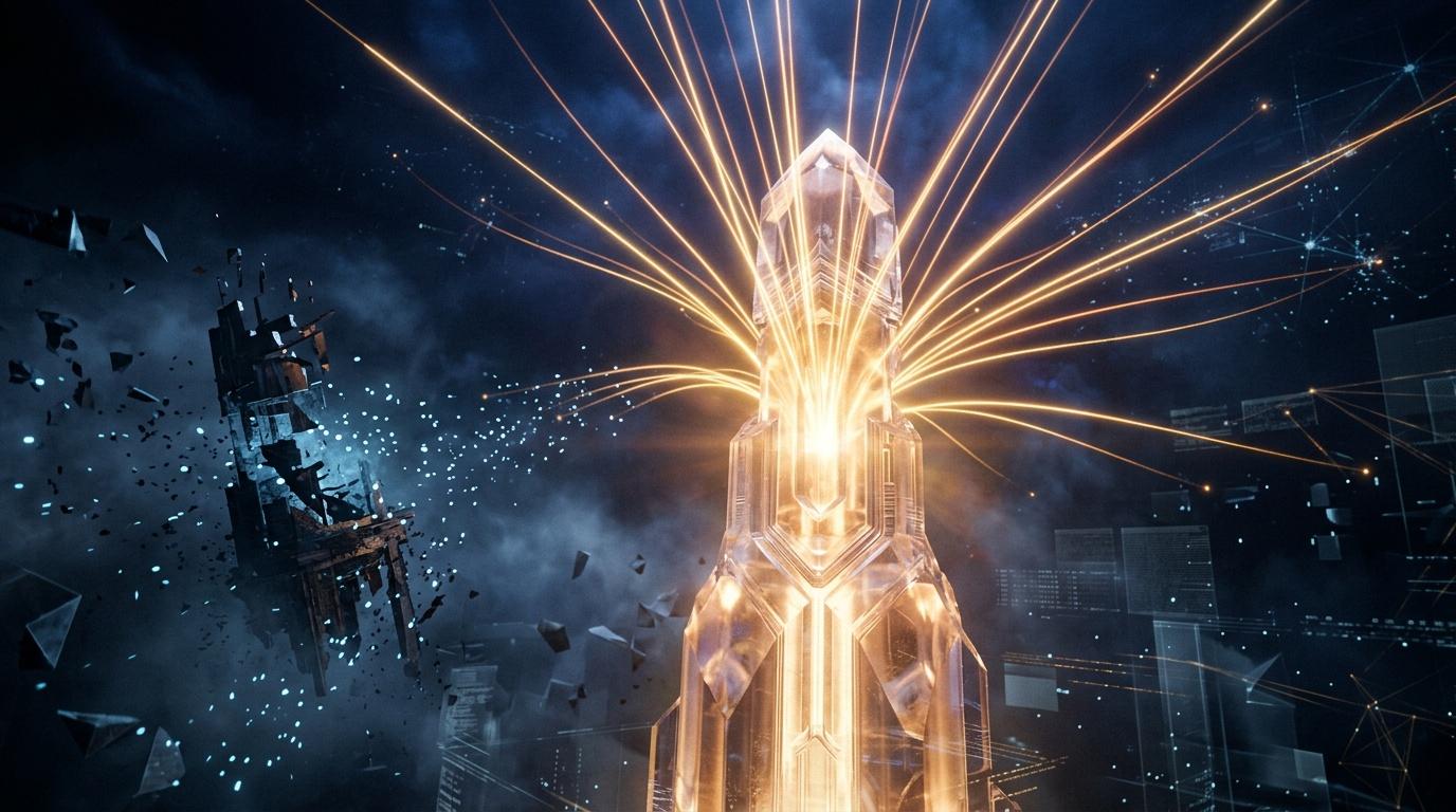 Cristal brillant &eacute;mettant des rayons de lumi&egrave;re dor&eacute;e dans univers num&eacute;rique