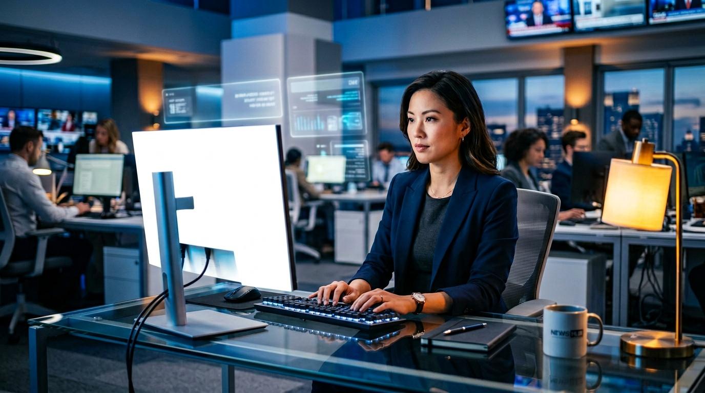 Mujer en traje azul trabajando en computadora en oficina
