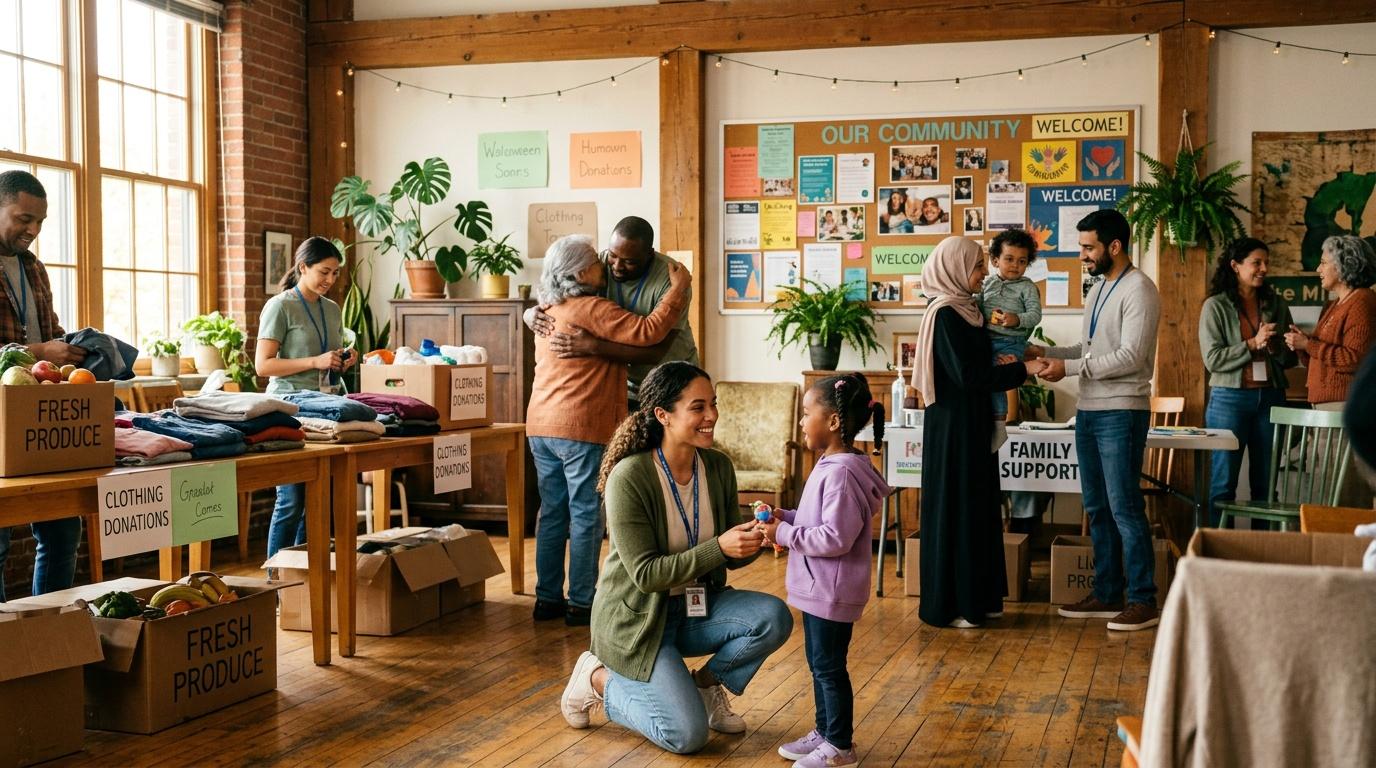 Diverse community members gathering at charity distribution center with volunteers