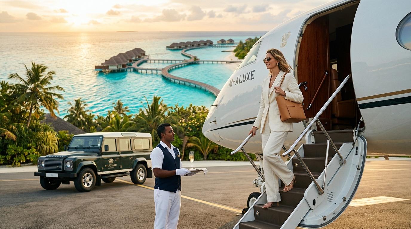 Woman disembarking private jet at tropical island resort