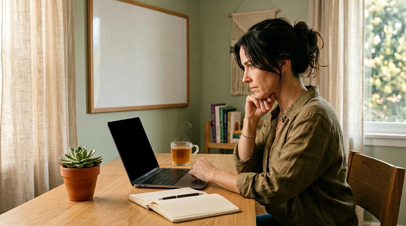 Woman thinking at desk with laptop and tea cup