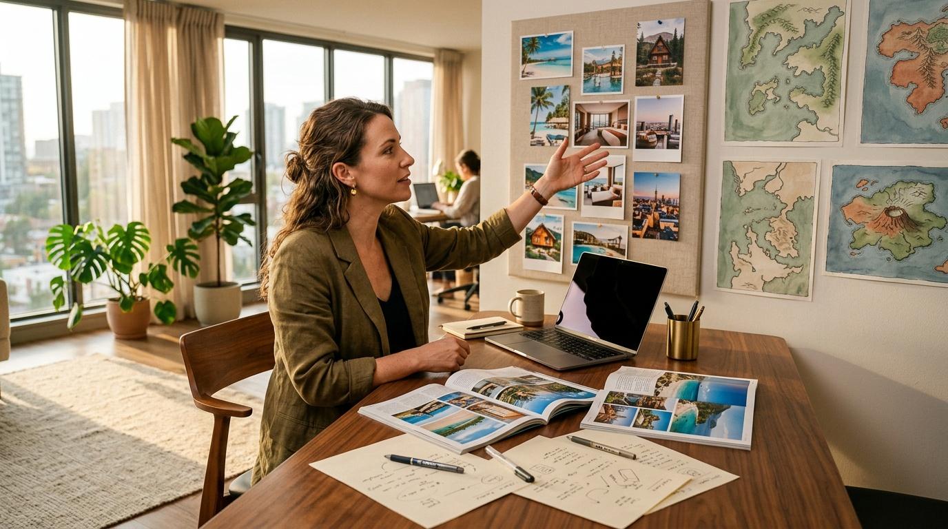 Woman at desk reviewing travel photos and destination maps planning trips