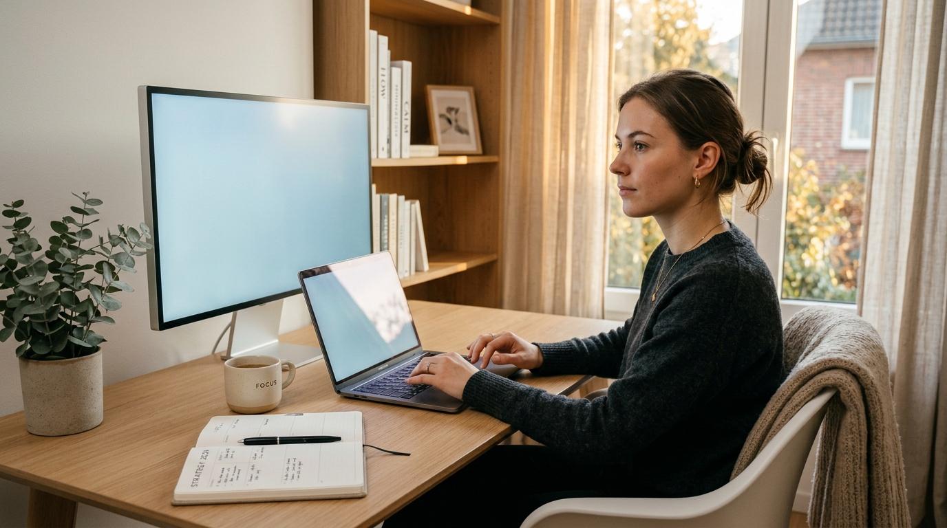 Woman working at wooden desk with laptop and monitor