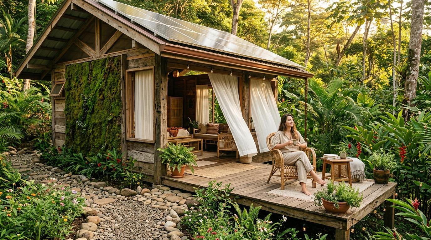 Woman relaxing on porch of wooden jungle cabin surrounded by lush vegetation