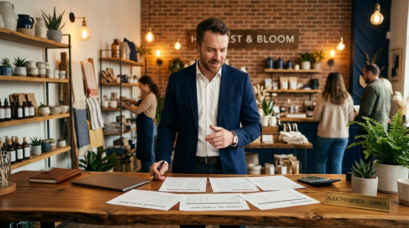 Man in blue blazer reviewing documents at wooden desk in retail shop