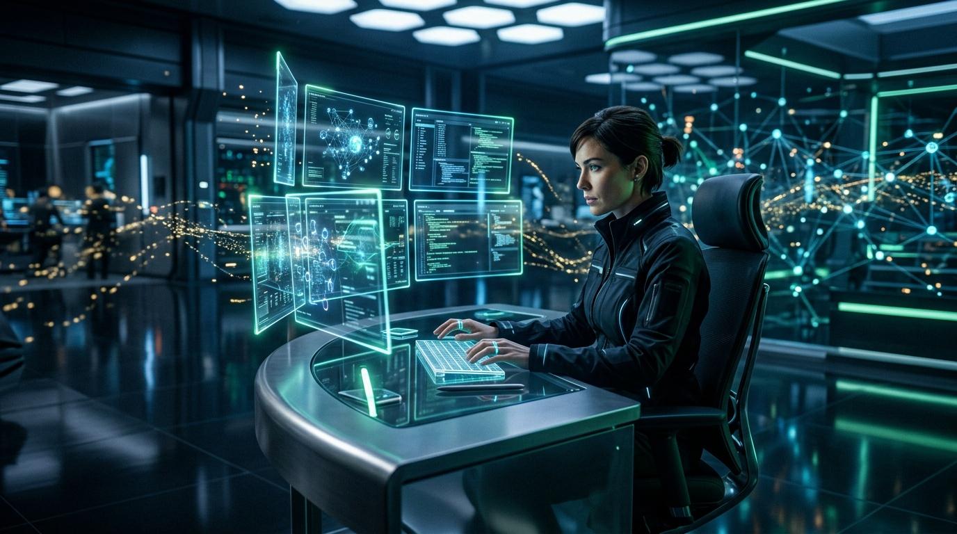 Woman working at futuristic holographic displays in high-tech control room