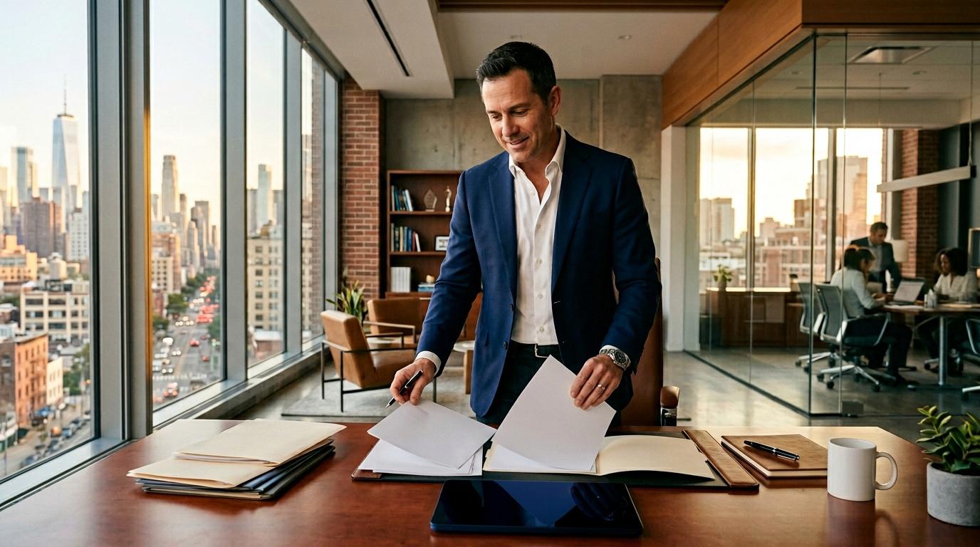 Businessman in blue suit reviewing papers at high-rise desk