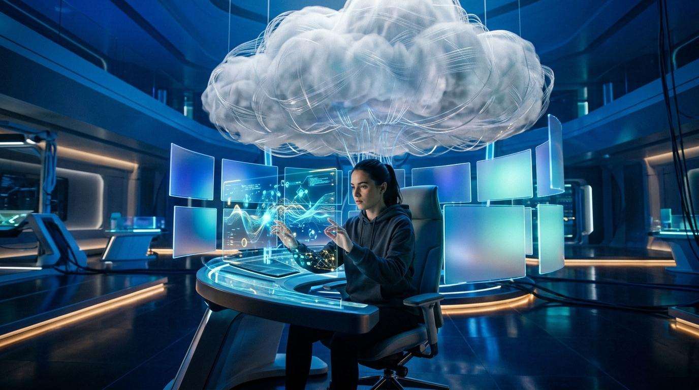 Woman working with cloud computing interface in futuristic digital environment