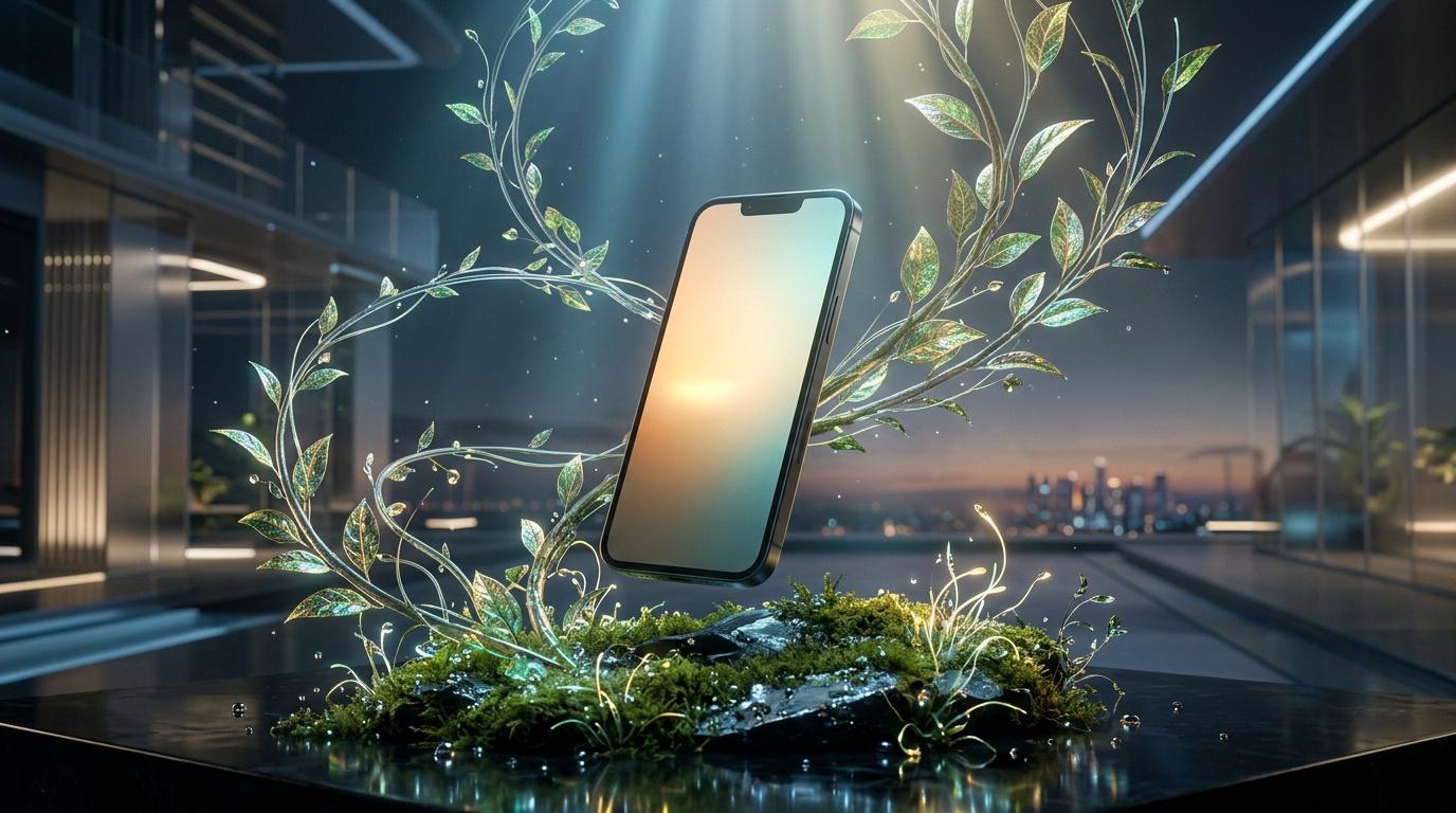 Smartphone surrounded by glowing plants and nature in modern cityscape