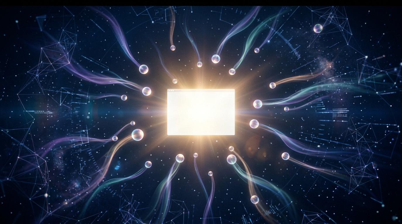 Glowing central screen connected by luminous digital nodes and streams