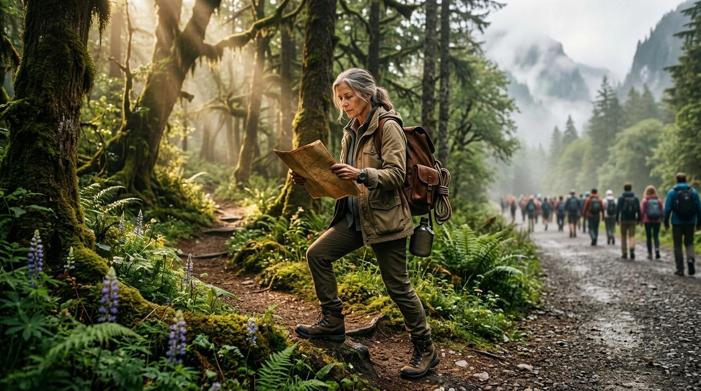 Woman with map leading hikers through misty forest trail