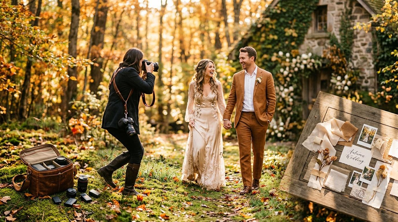 Photographer captures bride and groom in fall forest setting