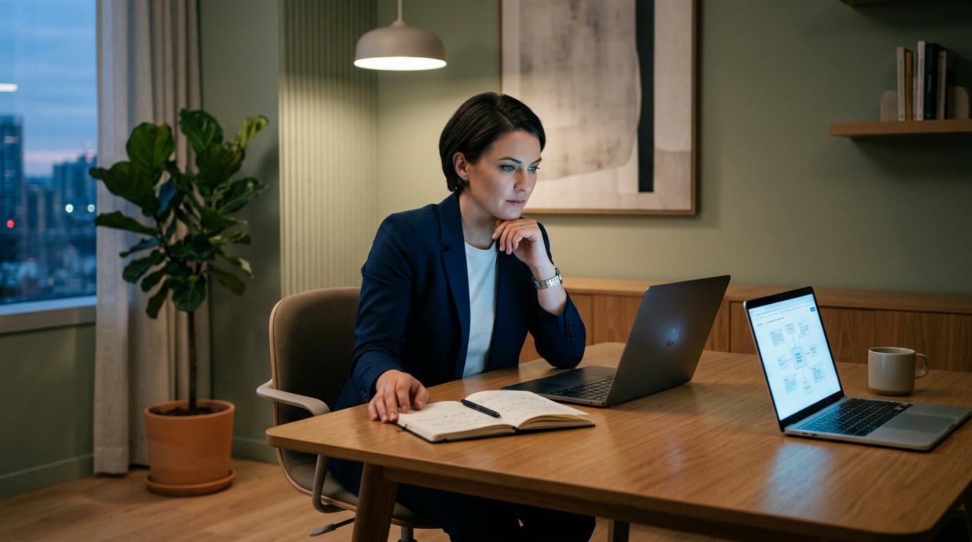 Business woman thoughtfully working at desk with laptops