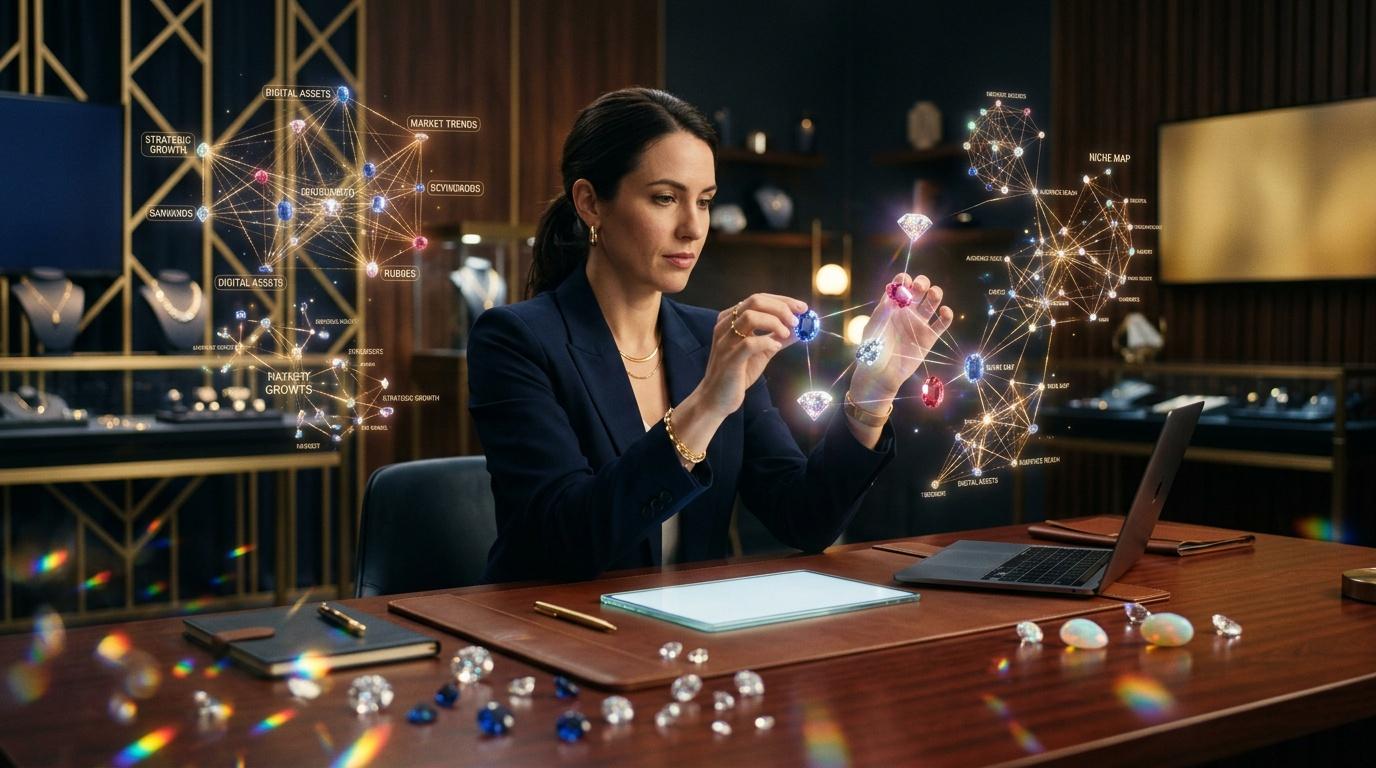 Woman analyzing holographic gemstone network data visualization
