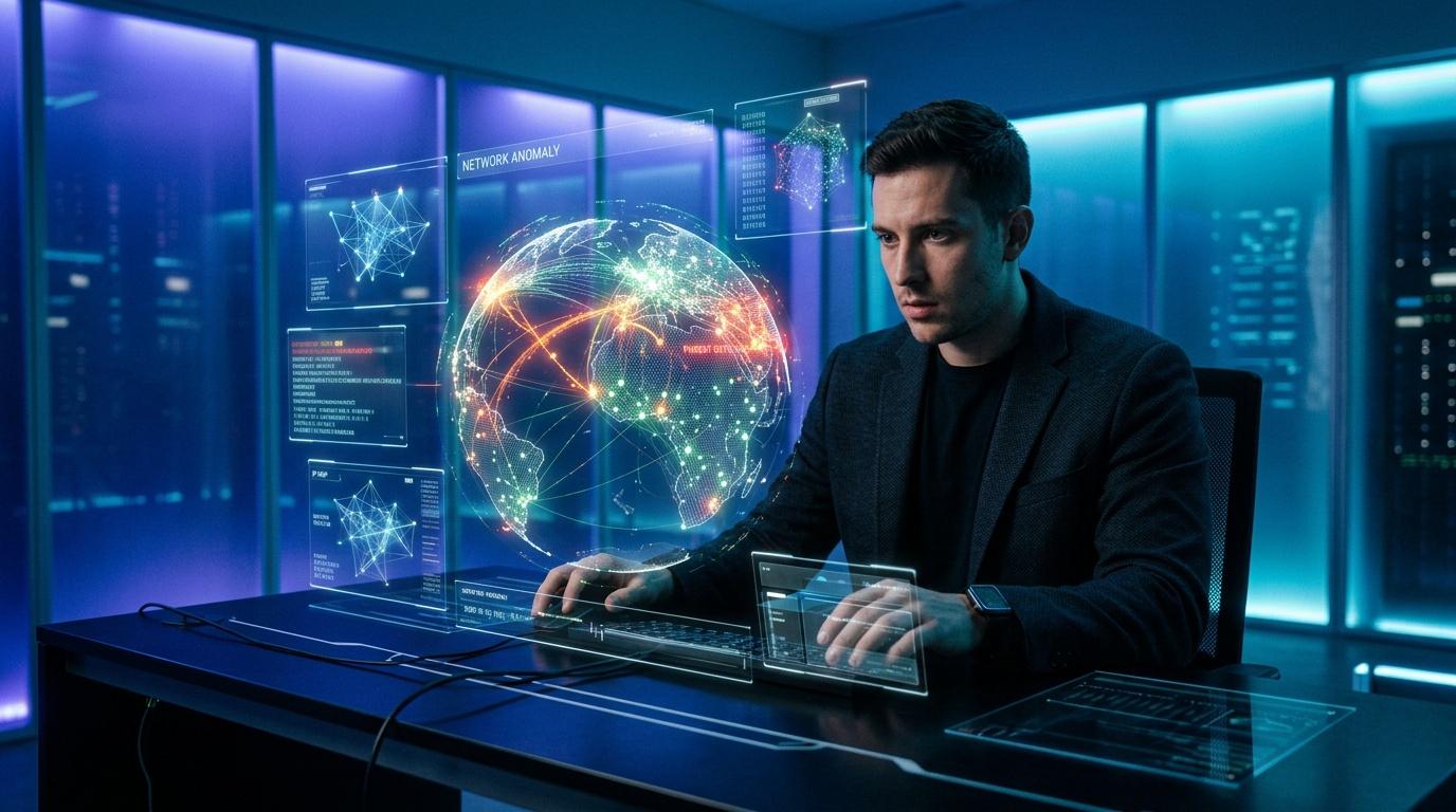 Profesional analizando amenazas de red en entorno tecnológico futurista