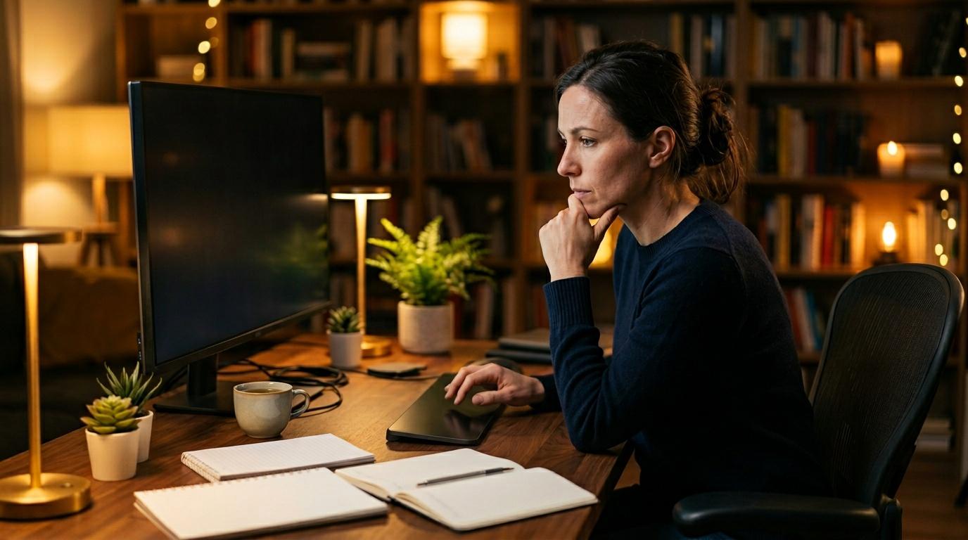 Woman concentrating at desk with computer during evening work session
