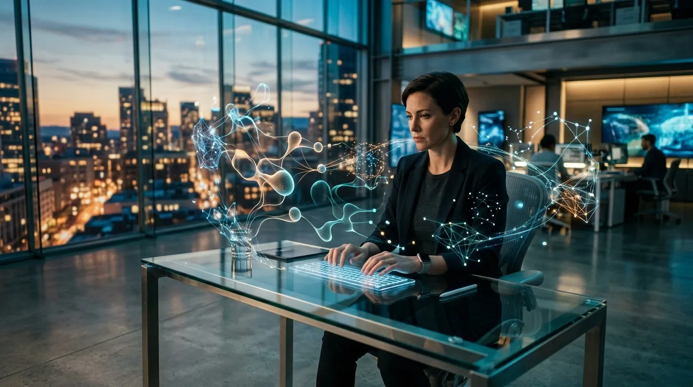 Mujer trabajando con tecnolog&iacute;a hologr&aacute;fica en oficina de rascacielos