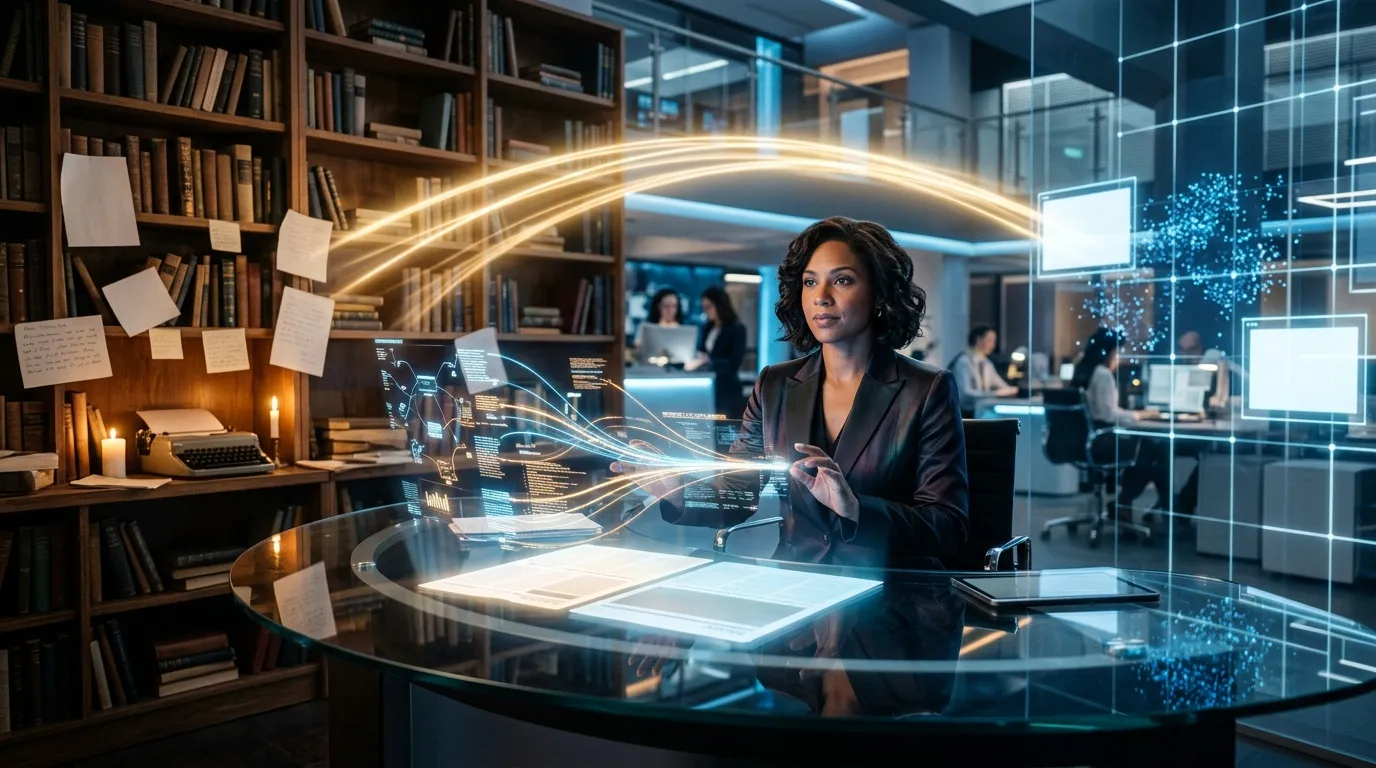 Mujer ejecutiva interact&uacute;a con tecnolog&iacute;a hologr&aacute;fica avanzada