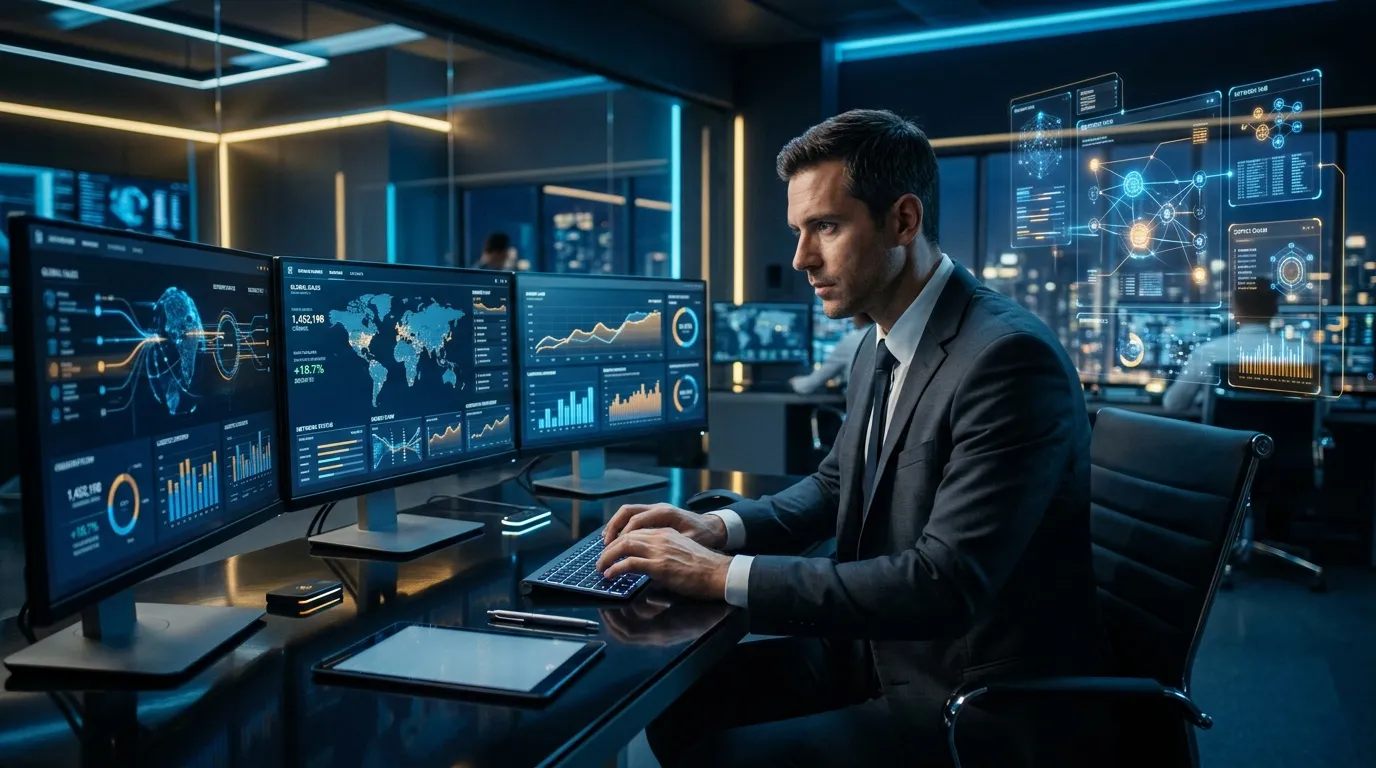Homme en costume analysant des donn&eacute;es financi&egrave;res sur &eacute;crans num&eacute;riques