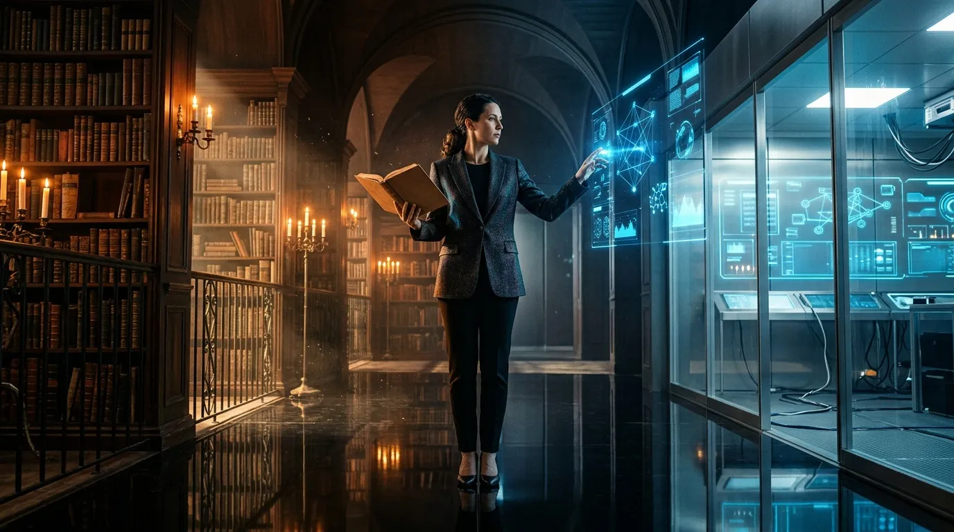 Woman holding book between traditional library and modern tech laboratory