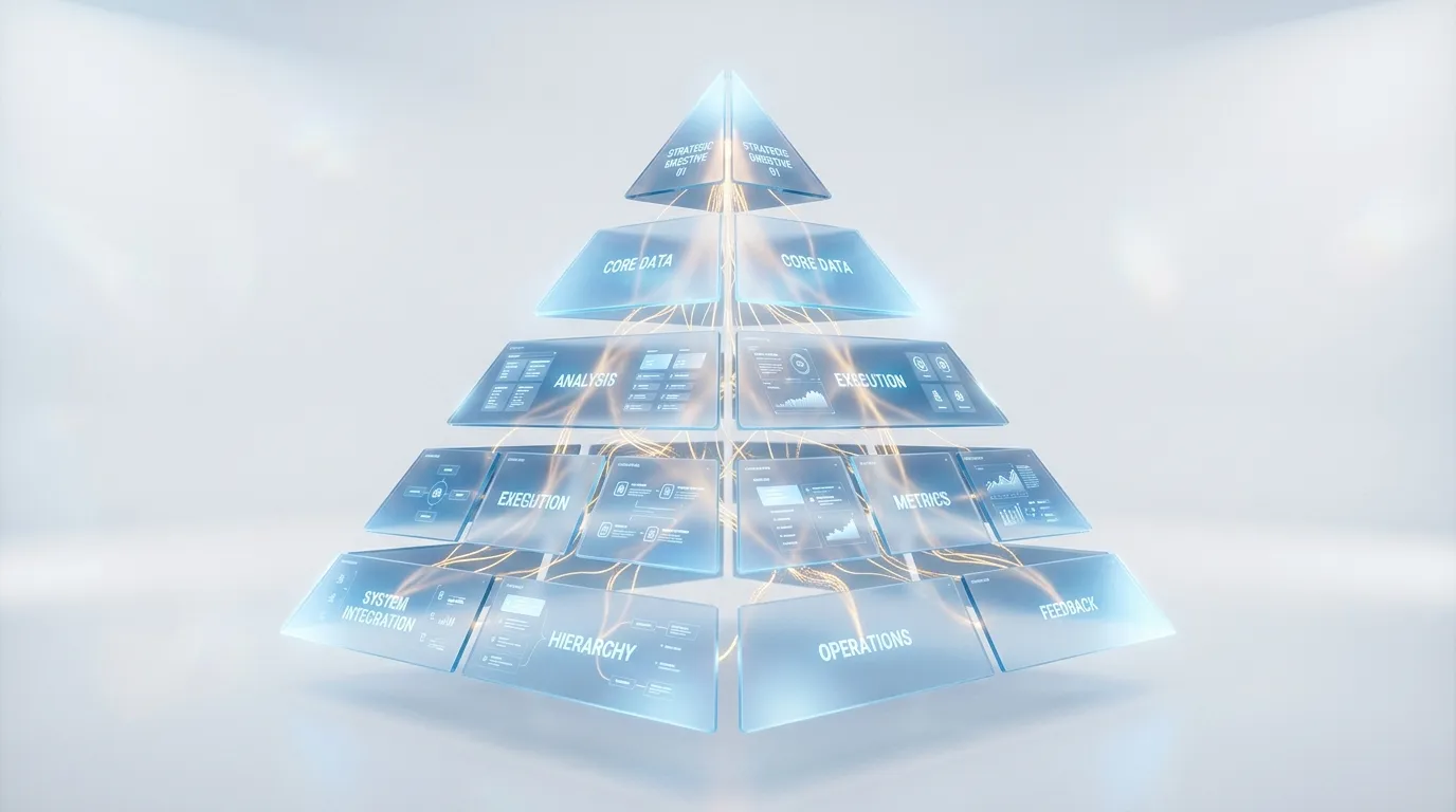 Transparent blue pyramid showing data management hierarchy and operations
