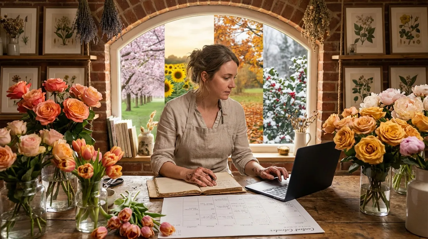 Woman florist working at desk surrounded by fresh flowers