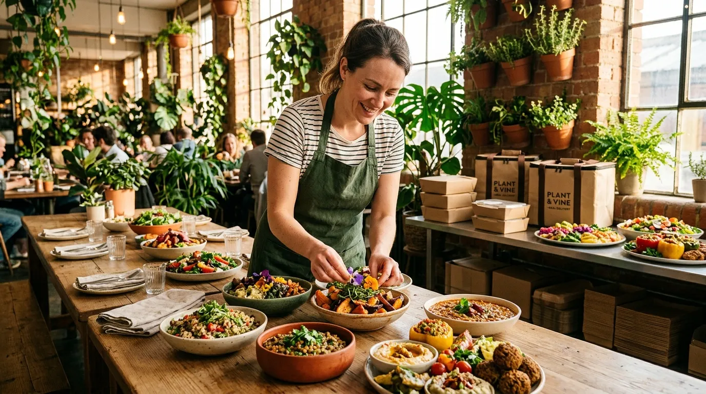 Woman serving vegetarian dishes in plant-filled restaurant