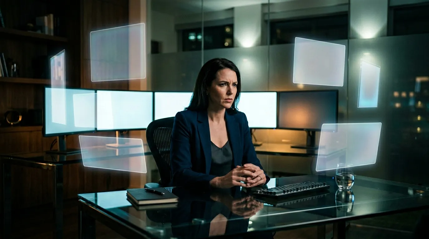 Professional woman at desk surrounded by multiple digital screens