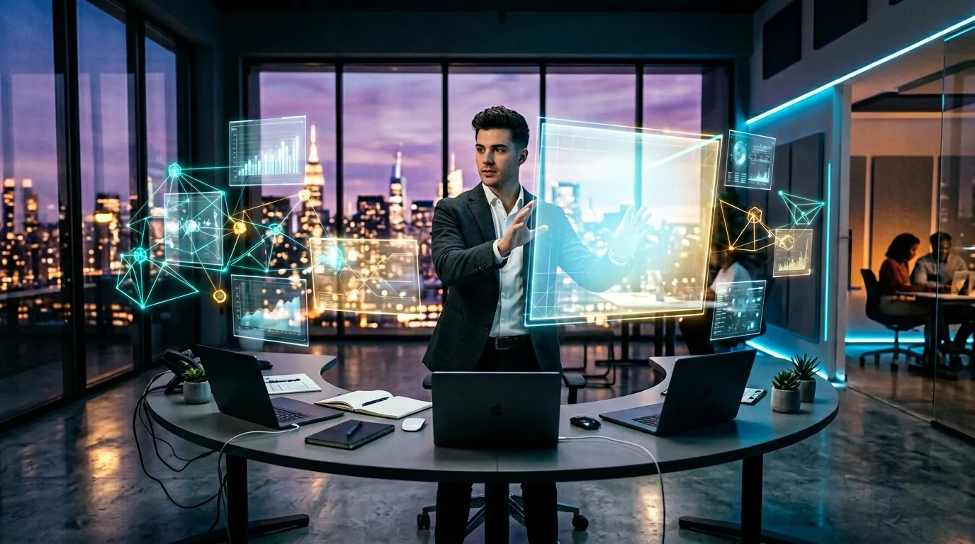 Professional presenting holographic data visualizations in modern office