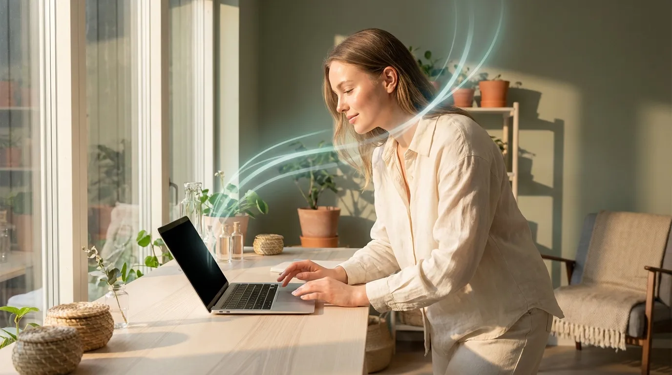 Woman typing on laptop at bright, plant-filled home office desk