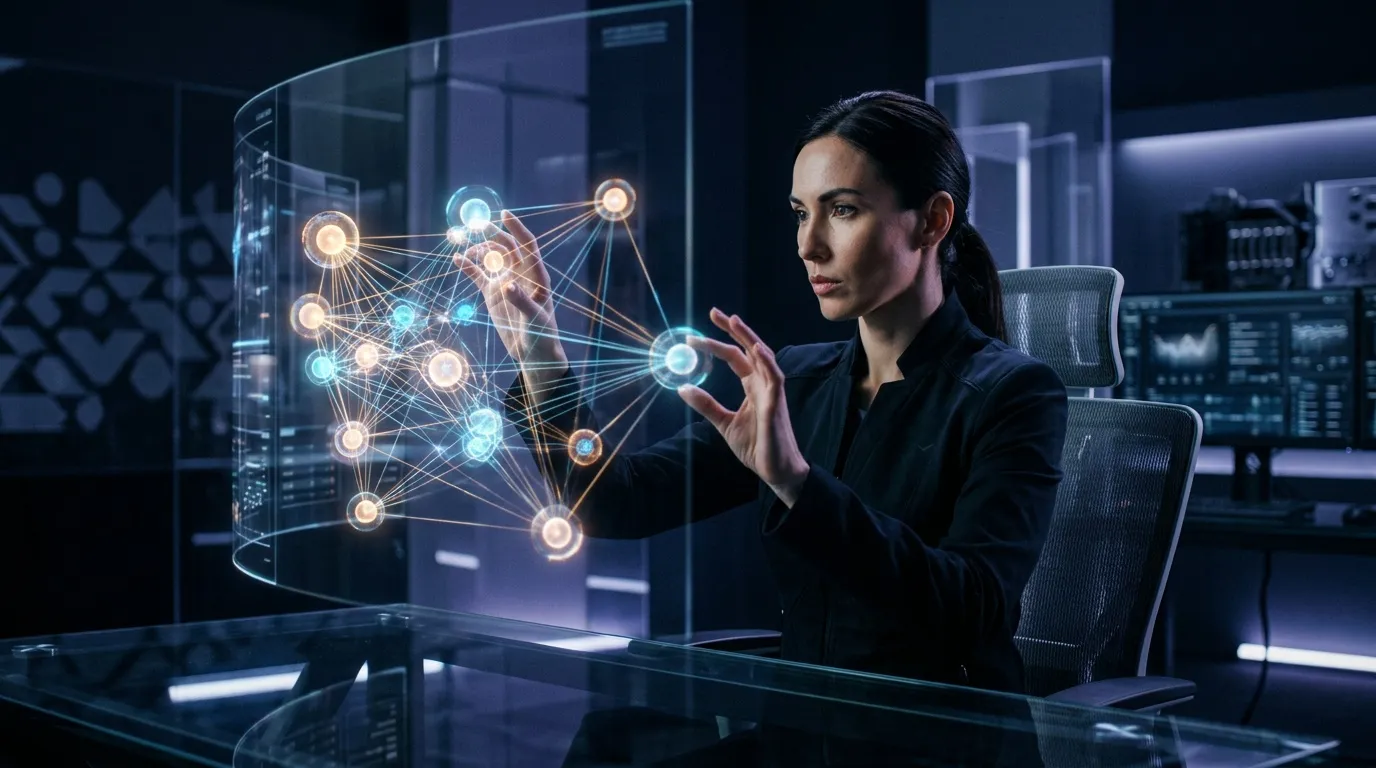 Woman examining glowing holographic network nodes interface