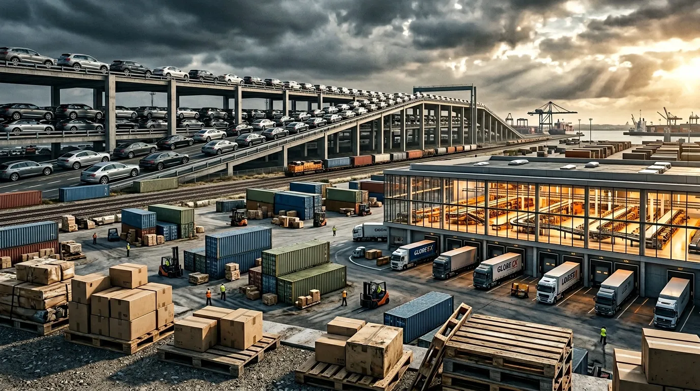 Industrial port facility with vehicle storage, containers, and shipping operations.