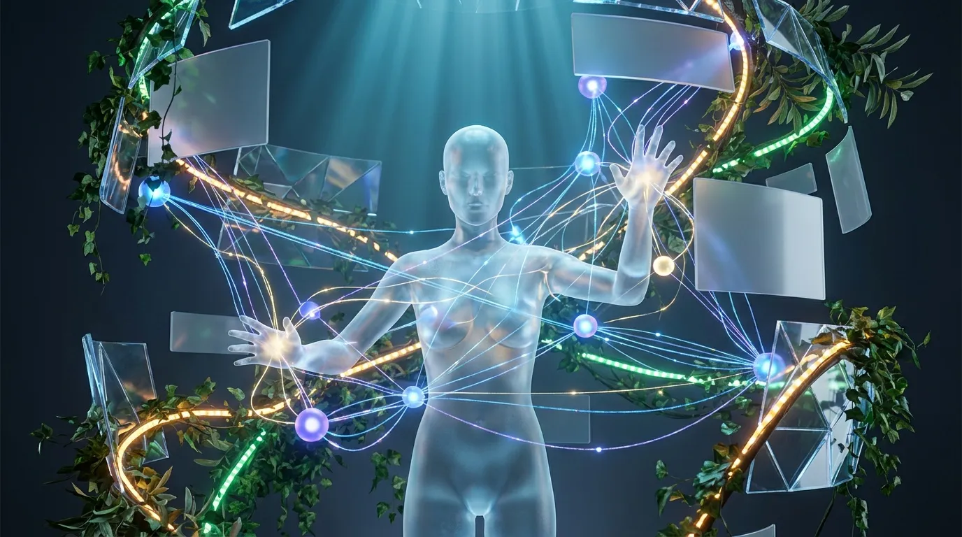 Holographic figure surrounded by glowing digital connections and devices