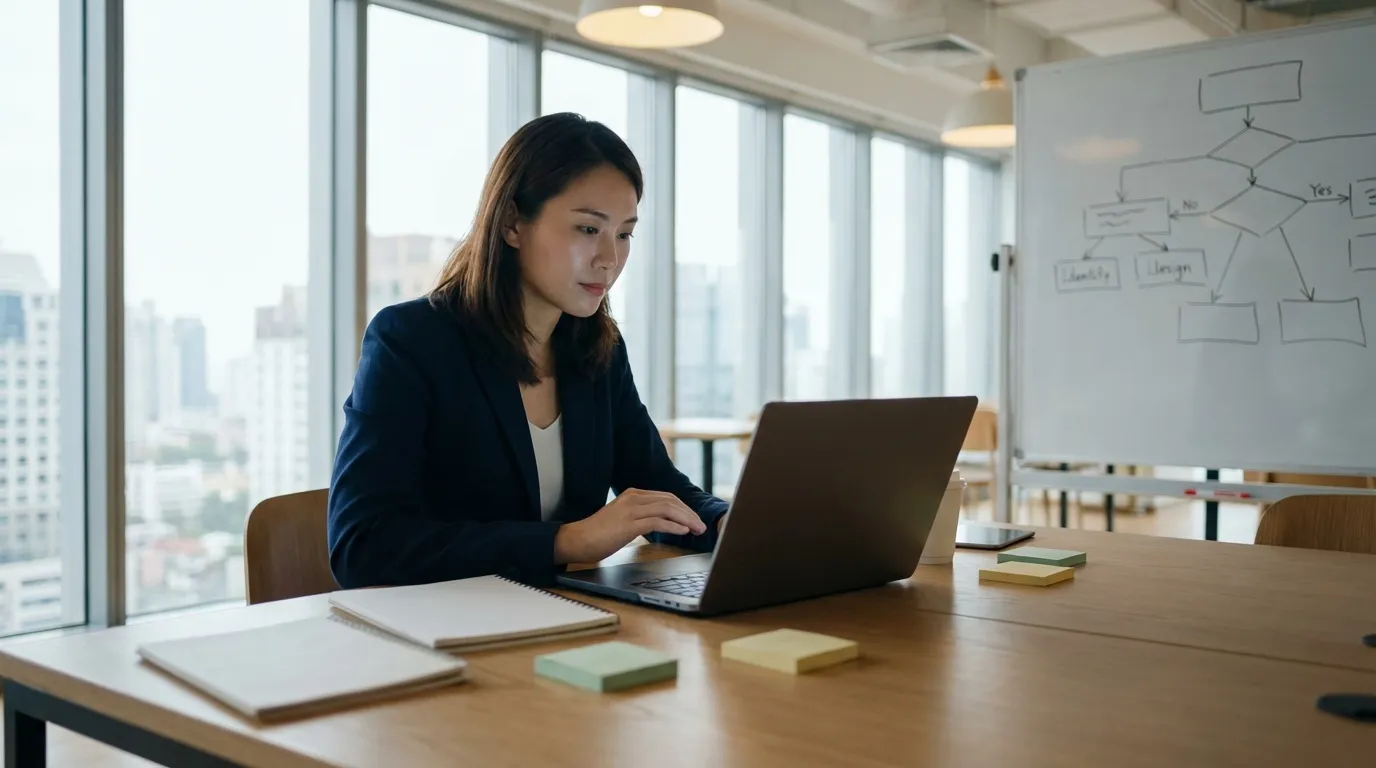 Woman in blazer working on laptop in high-rise office with city view