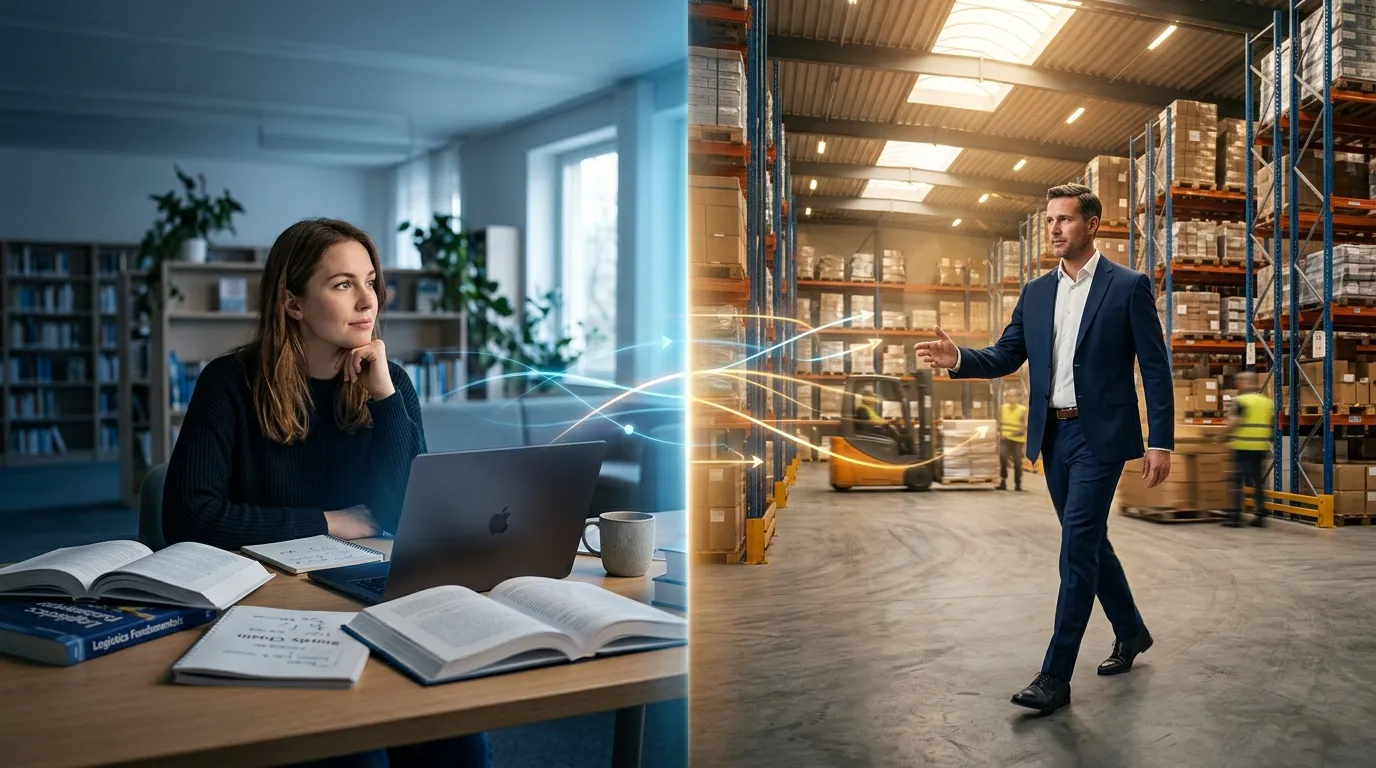 Woman in office connected digitally to warehouse manager