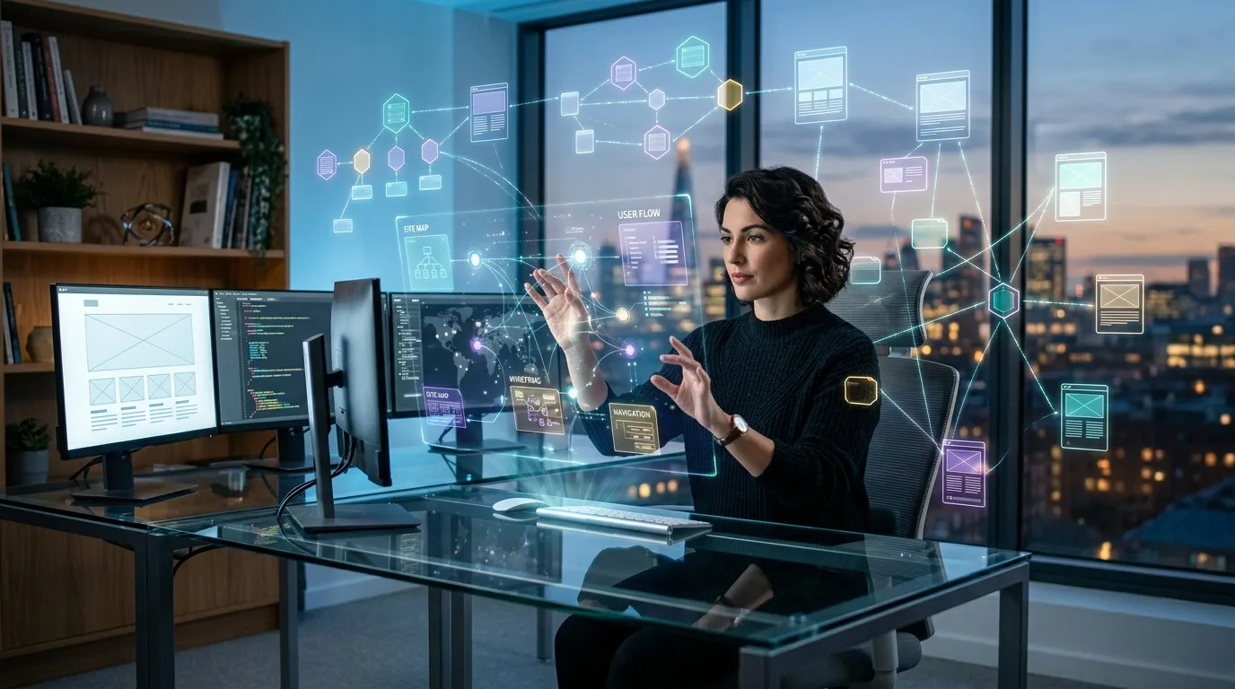 Woman designer interacting with holographic UI wireframes