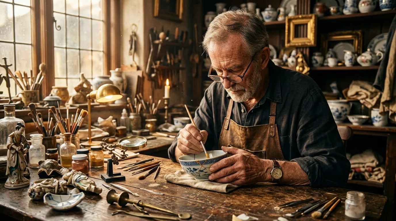 Elderly craftsman carefully painting a blue and white porcelain bowl in workshop
