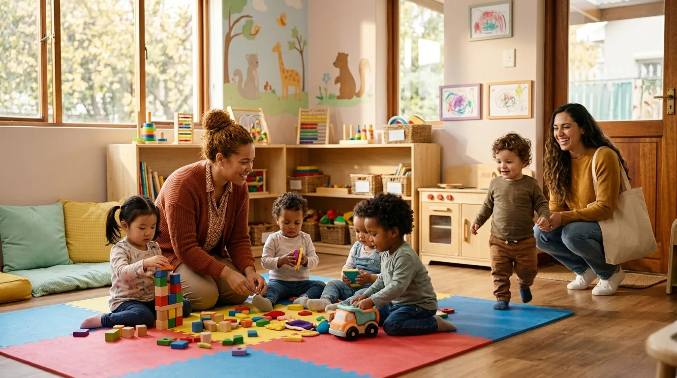 Two caregivers playing with young children in a bright, colorful classroom.
